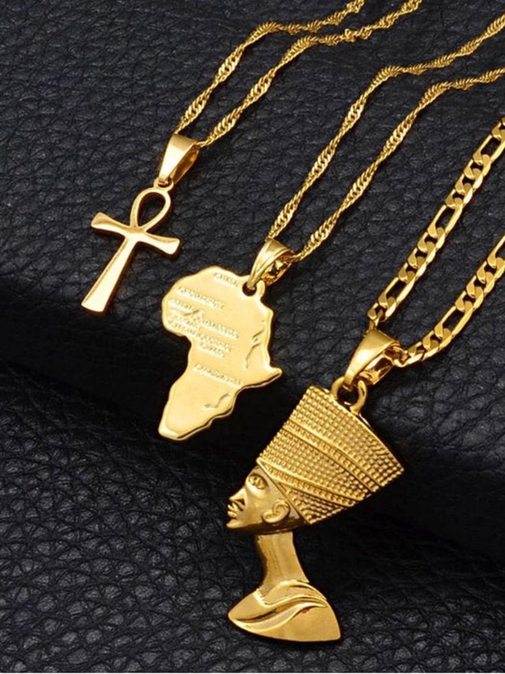 Africa Map / Ankh / Nefertiti Necklaces set of 3 -16inch , 20inch and 24inch